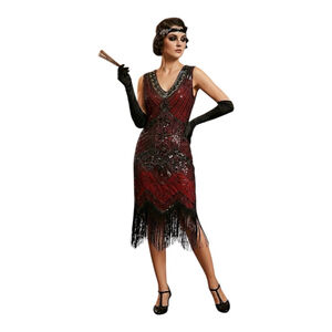 Retro Style 1920s Gatsby Flapper Dress Red Black Sequin Fringe Art Deco Size L
